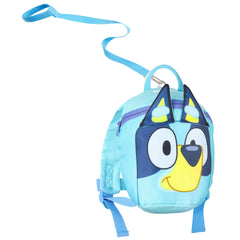 Bluey backpack with toddler harness demonstrates secure leash for busy outings