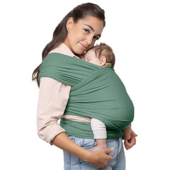 Boba baby wrap in sage green shows soft fabric close-up for daytime snuggling and hands-free errands.