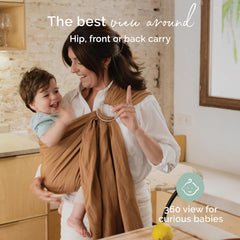 Boba ring sling hip-carry ergonomics illustrating comfortable side position for caregiver.