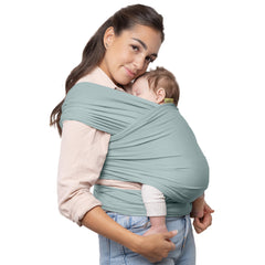 Boba Serenity Sea Mist wrap worn front carry for newborn to toddler comfort.