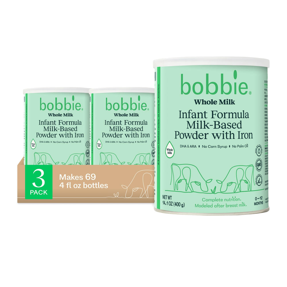 Bobbie baby formula three-pack front view showing convenient 14.1 oz tins for ongoing newborn feeding