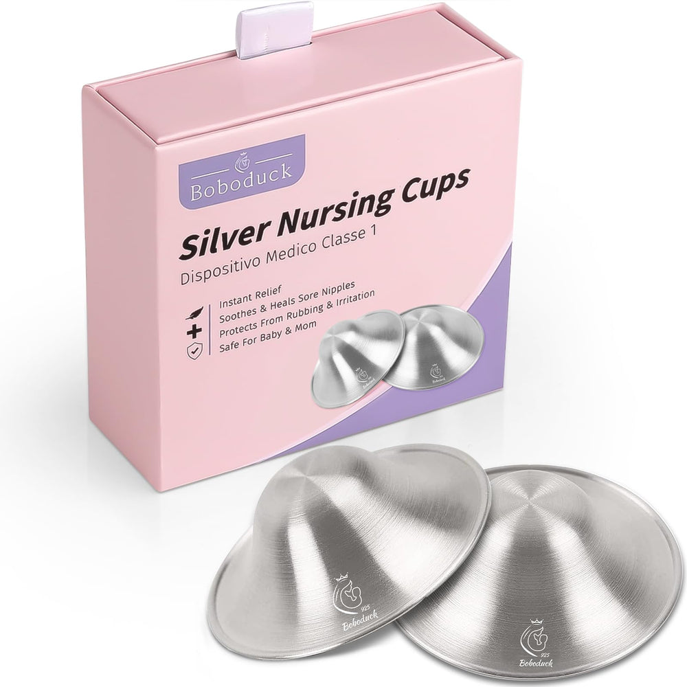 Boboduck 925 silver nipple shields on the breast provide friction protection and comfort during breastfeeding.