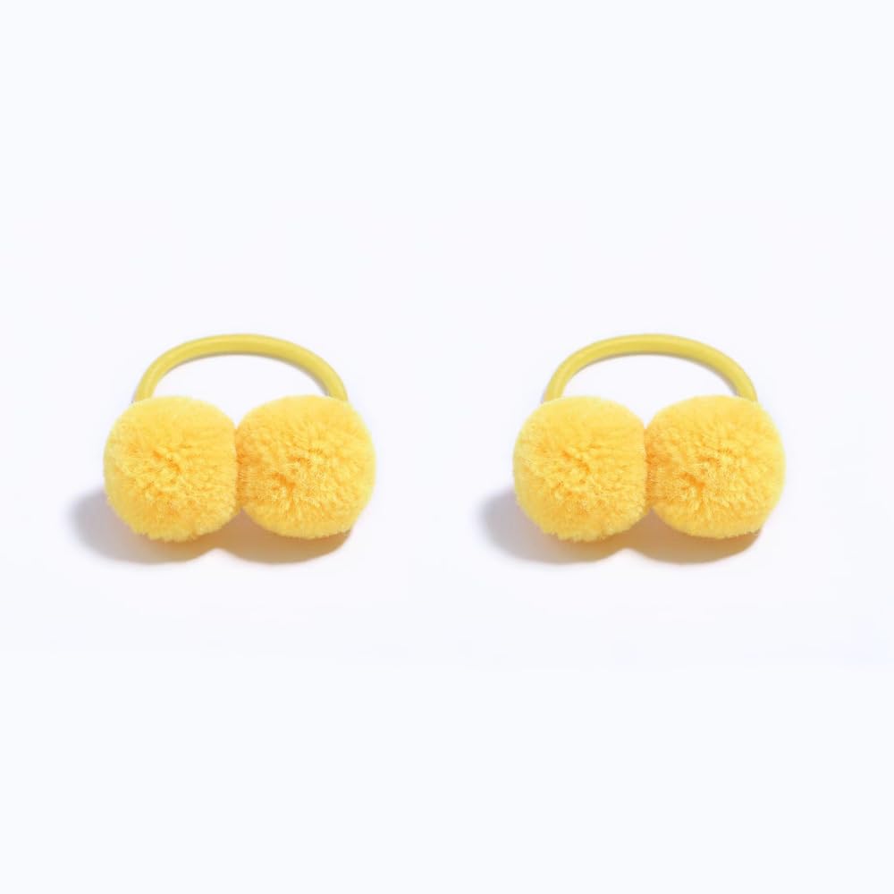 BOENBE LOVED baby hair ties yellow pom pom closeup highlighting soft, gentle hold for tiny ponies