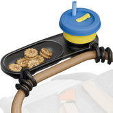 Boffinby universal snack tray attached to stroller, secure grip for mess-free outings.