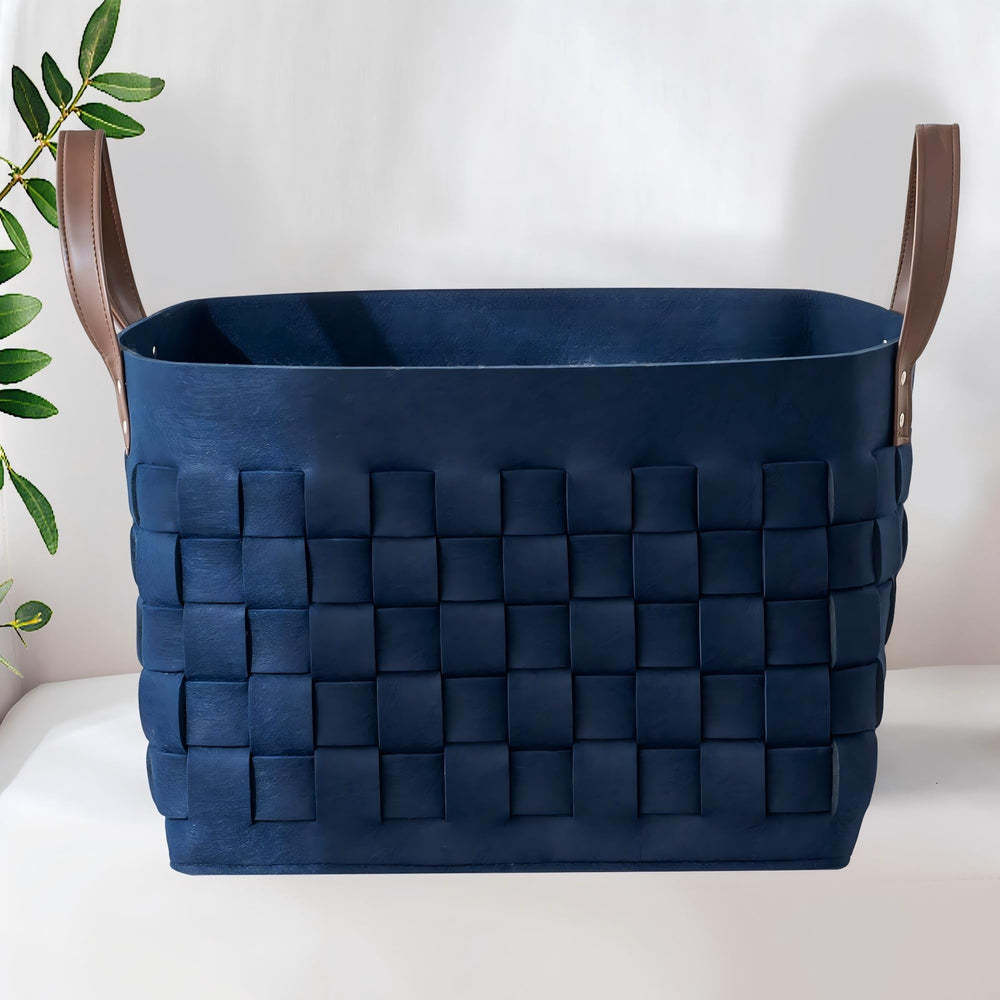 boldmonkey blankets basket 16.5x13x13 navy front view shows spacious blanket storage.