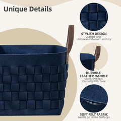 boldmonkey blankets basket navy side view highlights leather handles for easy transport.