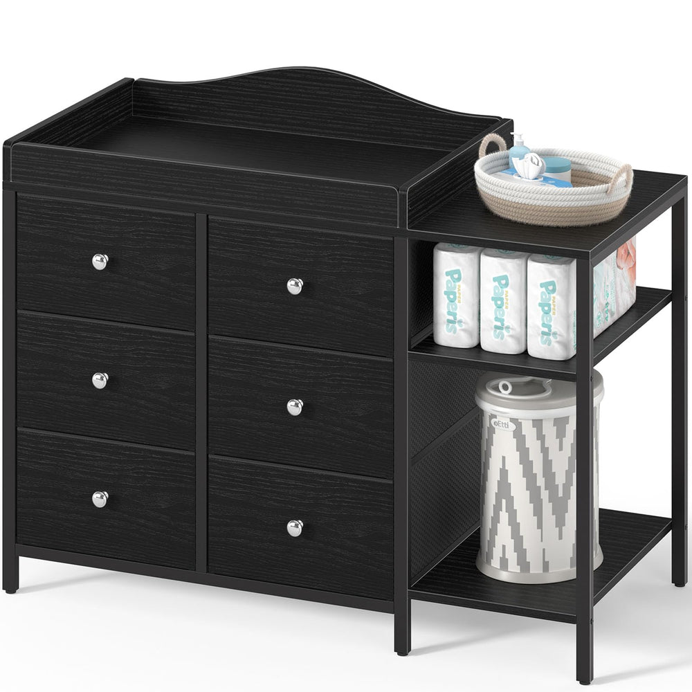BOLUO baby dresser front view with black finish showing organized nursery storage.