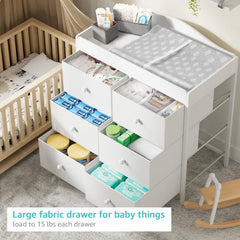 BOLUO Changing Table Dresser fabric drawer closeup reveals organized storage for baby clothes.