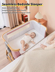Bonbay bedside sleeper attached to bed enables parent-sleeper proximity.