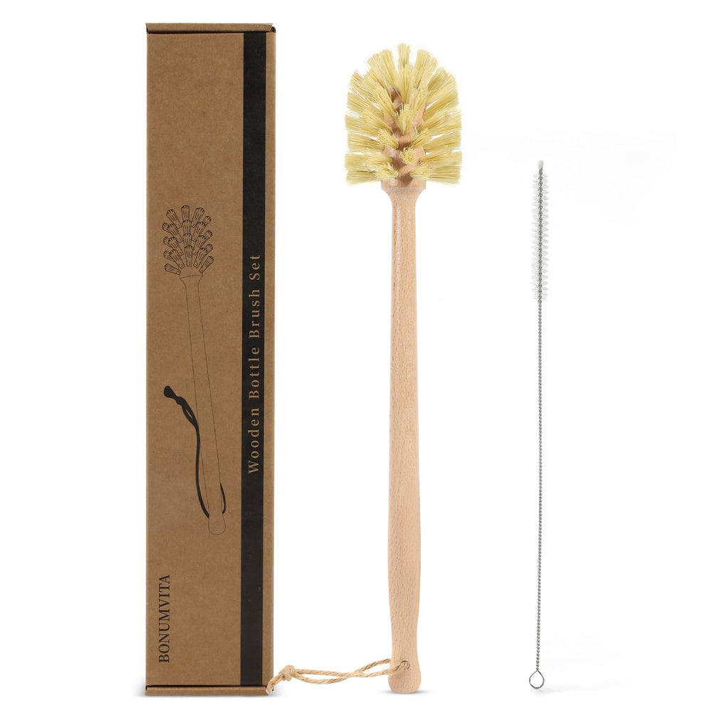 BONUMVITA long-handle bottle brush cleans deep bottle bottoms easily.