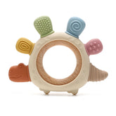 Boobaby dinosaur teether close-up showing textured silicone for gum soothing