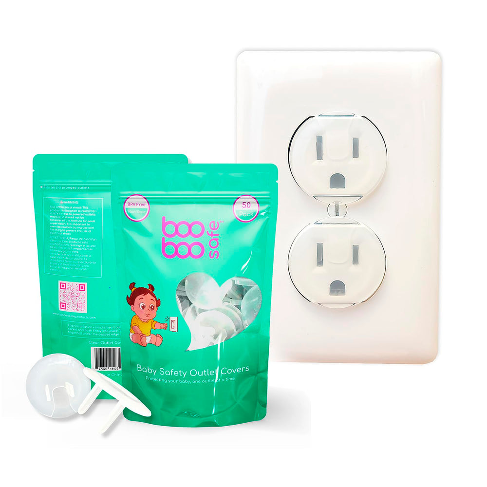Boo Boo Safe outlet covers in a transparent 50-pack shield outlets from curious fingers.