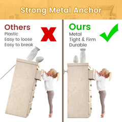 Booda Brand furniture anchor kit with hardware, close-up, secures heavy furniture up to 400 lbs