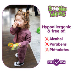 Boogie saline wipes being used with kids to clean noses faces and tiny hands
