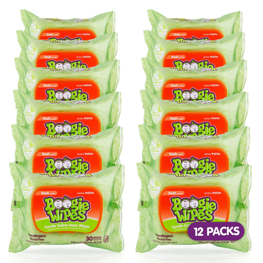 Boogie saline nose wipes packaging shows a resealable pack for quick, family-friendly cleanups