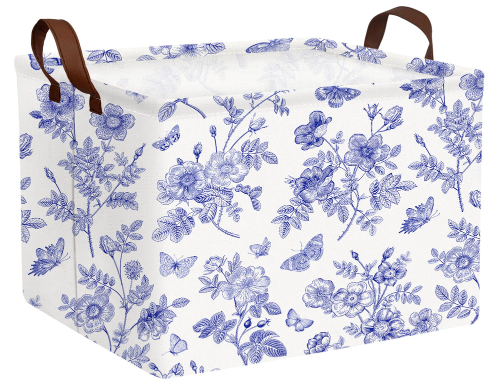 Boohit large blue chinoiserie willow butterfly basket front view for organized space.