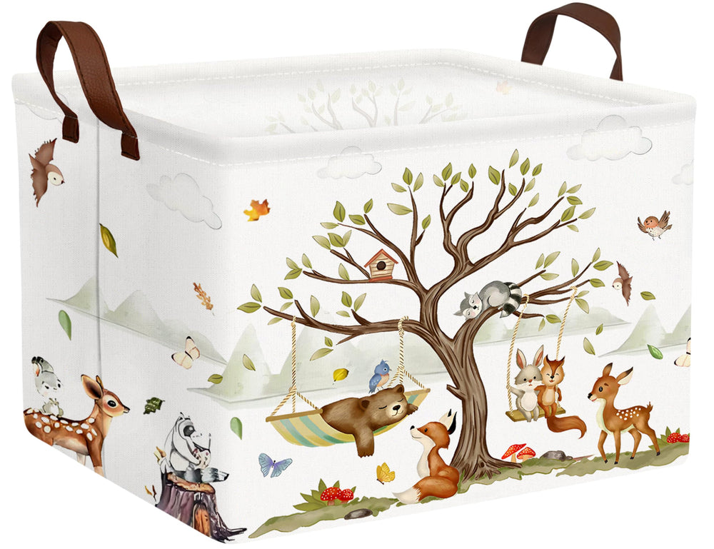 BOOHIT Woodland toy basket with collapsible design, ideal for tidy nursery storage.