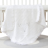 Booulfi Baby Christening Blanket, white knit folded for compact travel warmth.