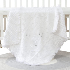 Booulfi Baby Christening Blanket, white knit folded for compact travel warmth.
