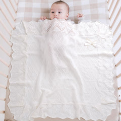 Booulfi knit white baby blanket delicate lace detail for nursery charm
