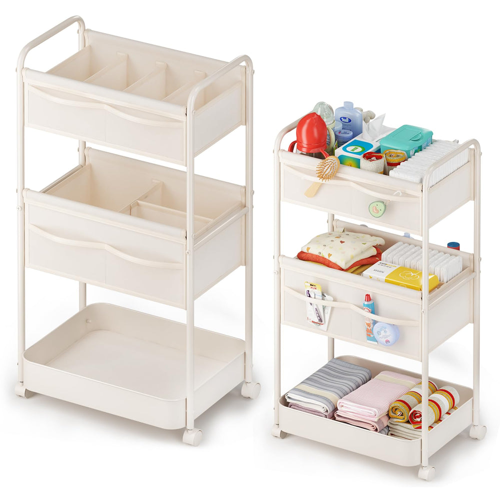 BOPHILI diaper caddy beige front view with ample storage for diapers and wipes.