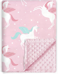 BORITAR Unicorn Baby Blanket front view in pink shows plush, ultra-soft Minky texture for cozy cuddles.