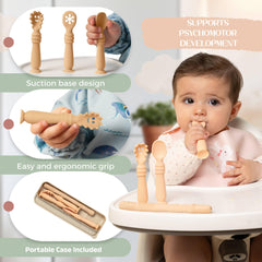 Bornealand suction base spoon helps stand upright for easy self-feeding.