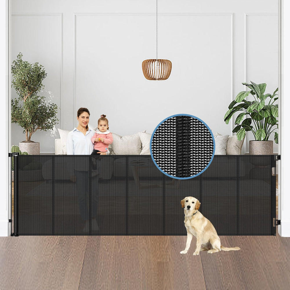 Borthmiu 100-inch-wide gate rolled up, saving doorway space with a retractable design.