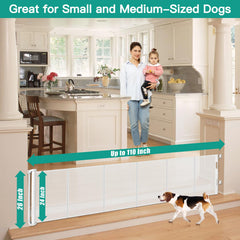 Borthmiu 110-inch wide retractable gate extended across doorway.