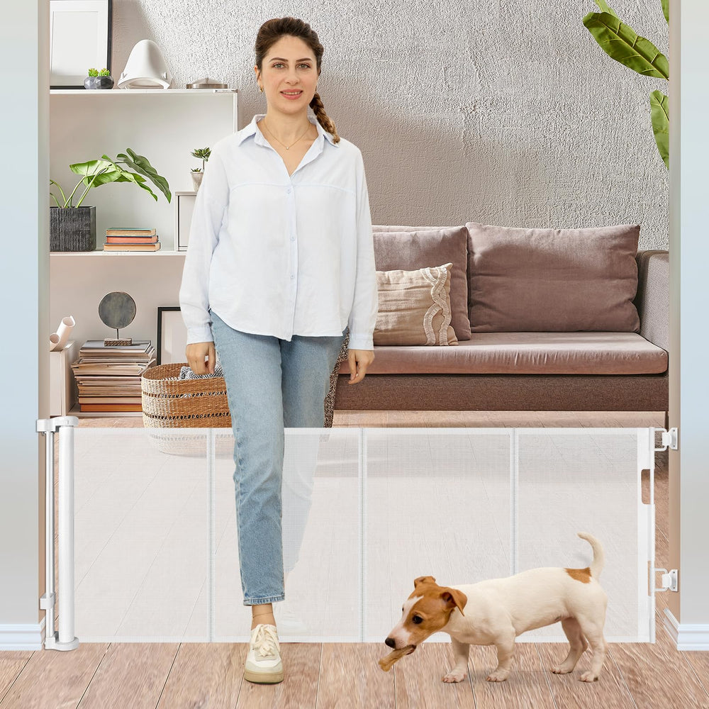 Borthmiu 24in retractable dog gate assembled at doorway, space-saving design.