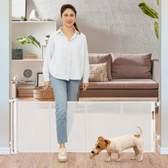 Borthmiu 24in retractable dog gate assembled at doorway, space-saving design.