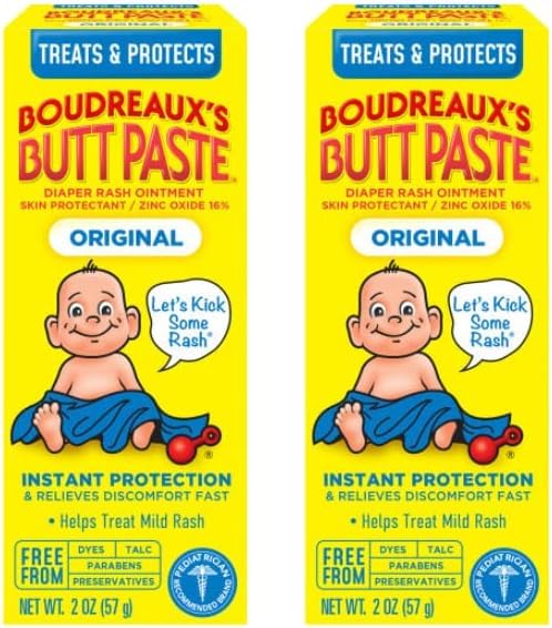Boudreaux's Butt Paste diaper rash ointment tube provides protection and dryness for baby skin.