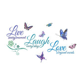 BPNHNA Live Laugh Love blue decal with butterflies enhances living room mood.