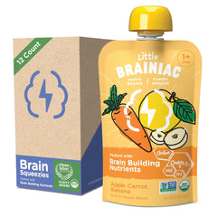 Brainiac Little Toddler Pouches Apple-Carrot-Banana Puree provide a convenient organic snack for toddlers
