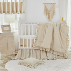 Brandream boho baby nursery skirt in beige evokes calm farmhouse chic vibes.