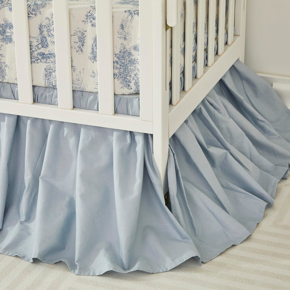 Brandream boho nursery crib skirt light blue, side view, shows neat 4-sided drop for tidy lines