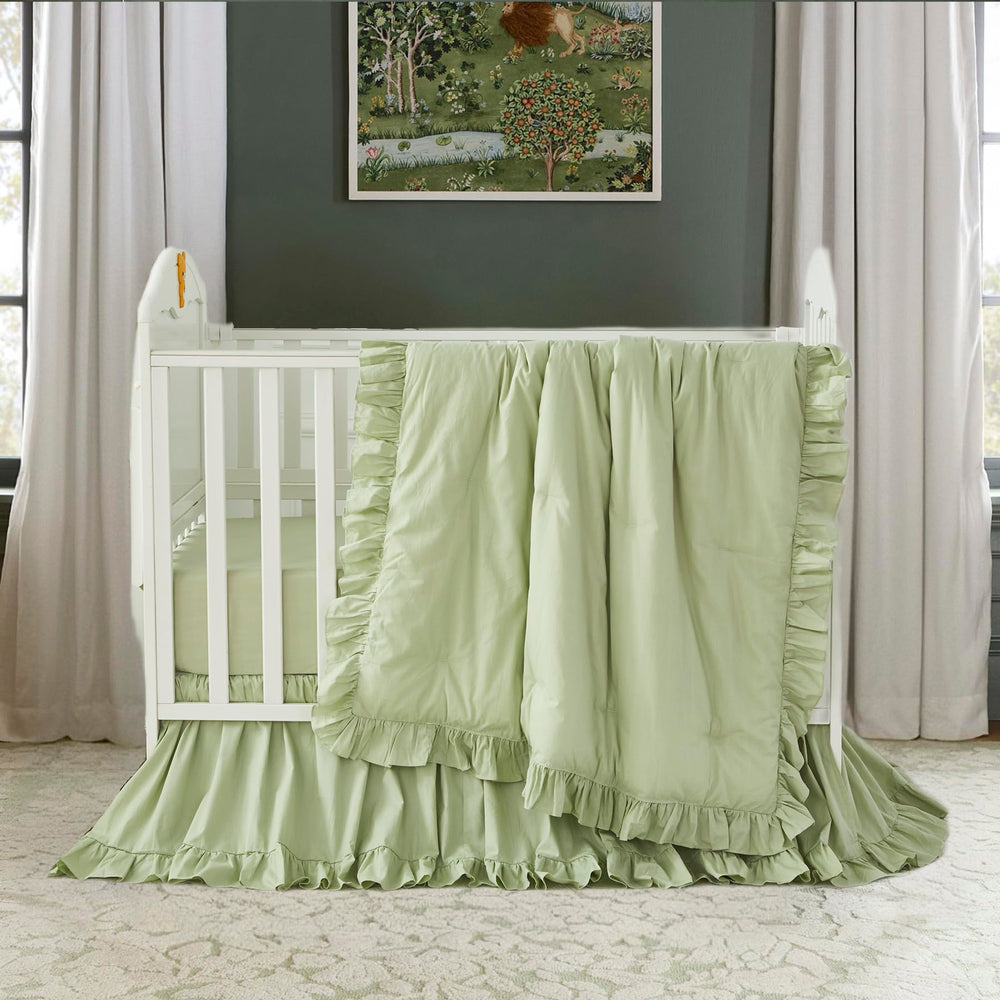 Brandream Farmhouse crib comforter in light green with ruffle edge for soft year-round warmth