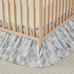 Brandream French Country Toile crib skirt in blue ruffles enhances nursery charm.