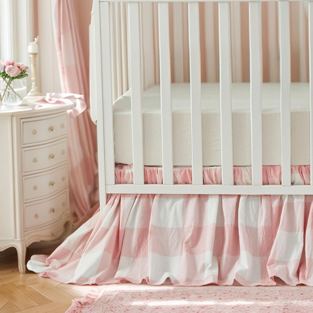 Brandream Gingham Gathered Crib Skirt close-up shows soft cotton and pink plaid charm.