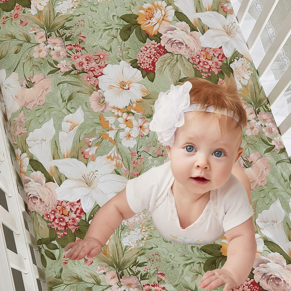 Brandream Lilium Rose Floral crib sheet close-up shows breathable organic cotton texture.