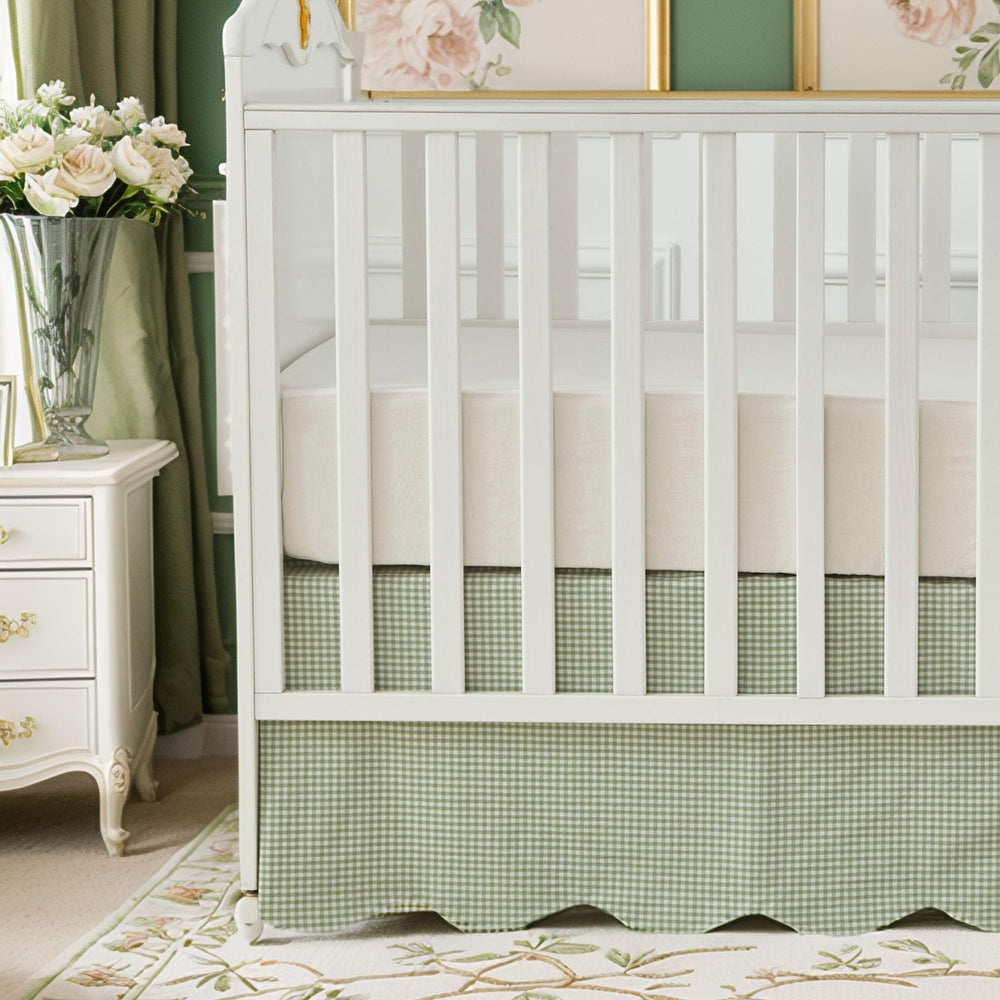 Brandream scallop-edge crib skirt closeup shows soft cotton for a cozy nursery.