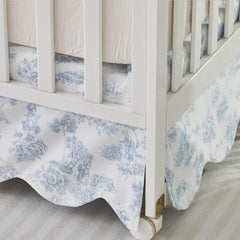 Brandream vintage blue toile print crib skirt visualize timeless French country vibe.