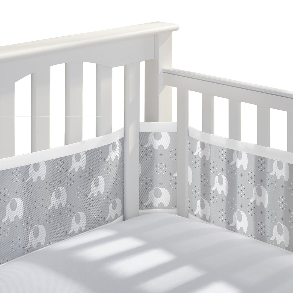 BreathableBaby Peaceful Elephants crib liner packaging highlighting easy setup and safety-conscious design.