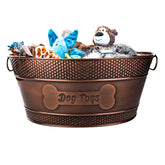 BREKX indestructible metal dog toy bin with copper galvanized finish and sturdy handles for transport.