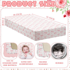 Breling pink bow crib sheet two-piece set laid flat for display of fit