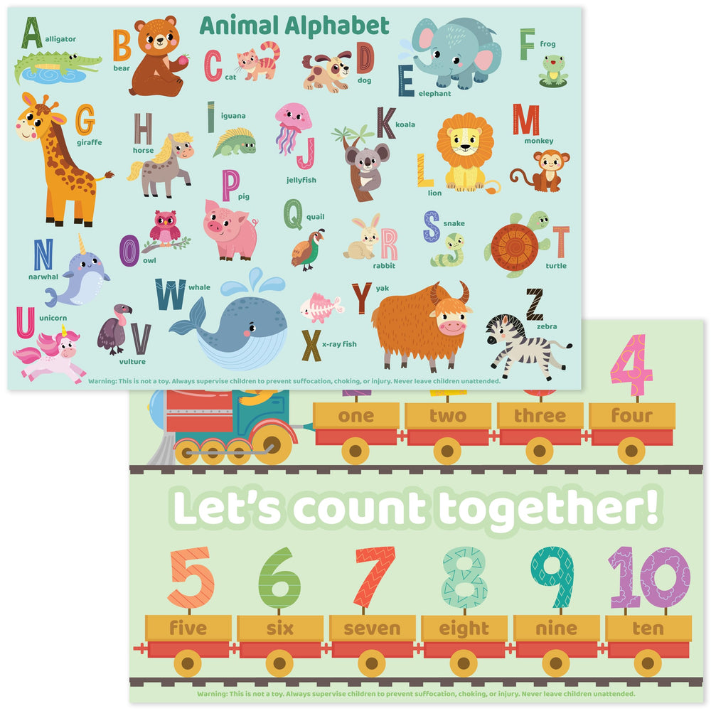 Bright Seed animals ABC numbers placemats for engaging learning during meals.