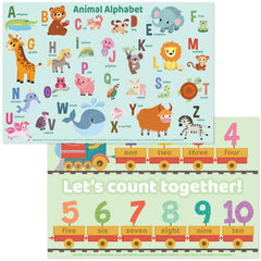 Bright Seed animals ABC numbers placemats for engaging learning during meals.