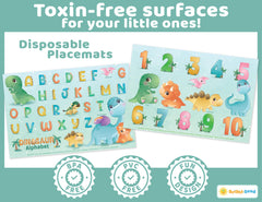 Bright Seed disposable placemats with letters-numbers design for kid-friendly learning at mealtime.