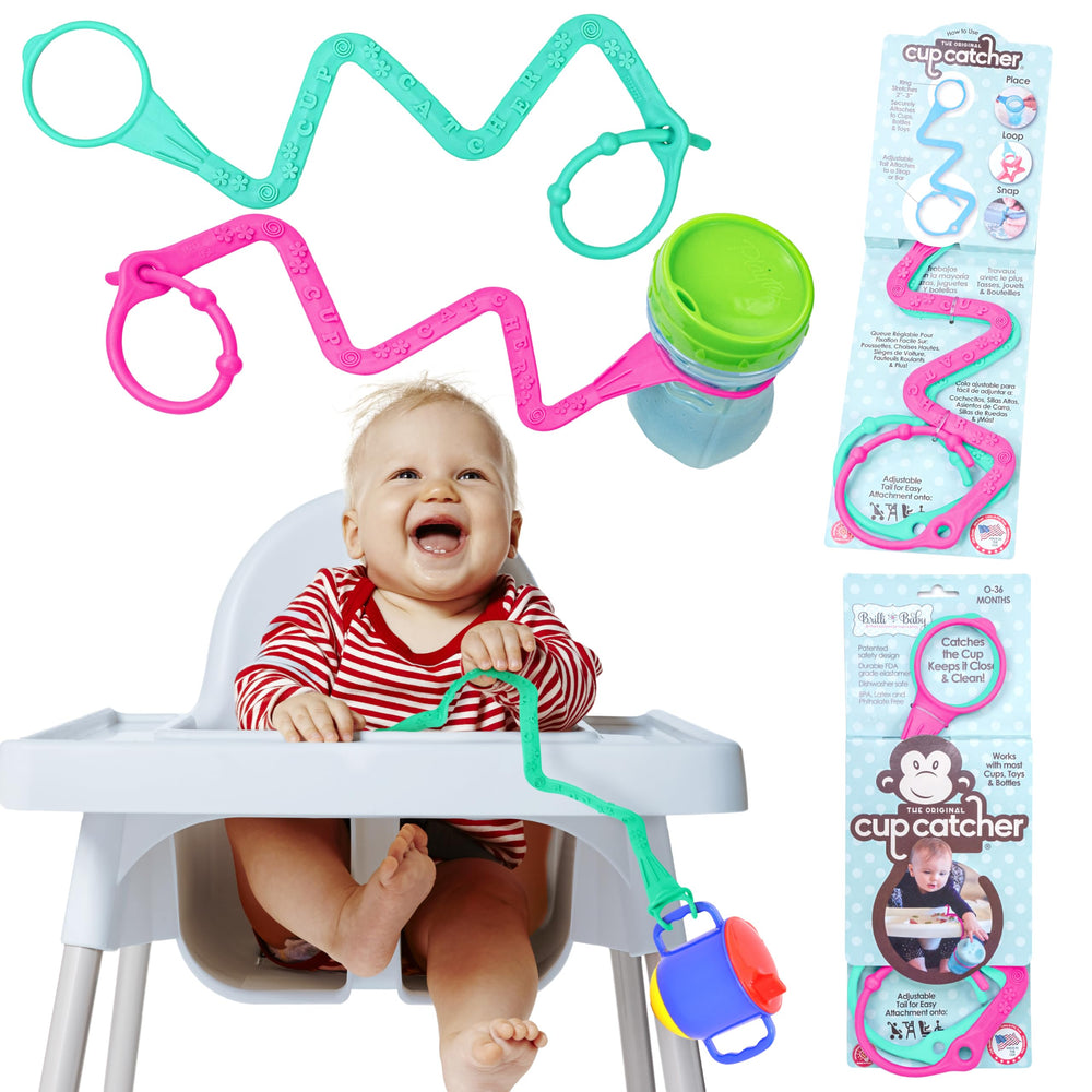 Brilli Baby Cup Catcher attached to a stroller for mess-free outings.