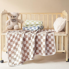 Brnabiou blanket 41x41 swaddle-use scene highlighting breathable lightweight weave in coffee